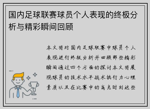 国内足球联赛球员个人表现的终极分析与精彩瞬间回顾