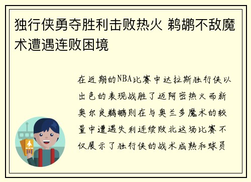 独行侠勇夺胜利击败热火 鹈鹕不敌魔术遭遇连败困境