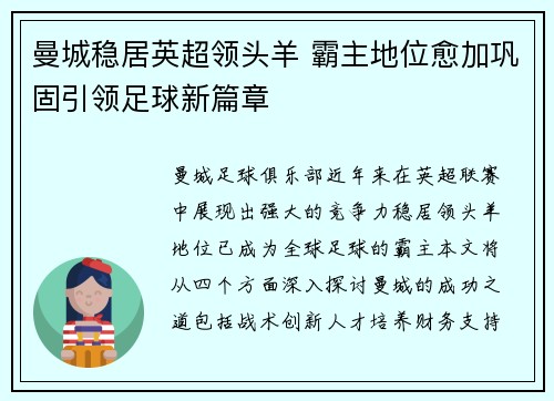 曼城稳居英超领头羊 霸主地位愈加巩固引领足球新篇章