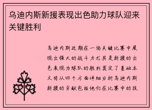 乌迪内斯新援表现出色助力球队迎来关键胜利