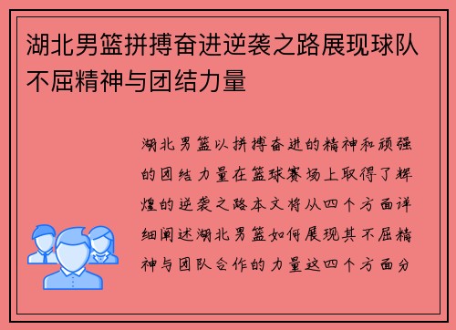 湖北男篮拼搏奋进逆袭之路展现球队不屈精神与团结力量