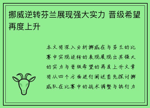挪威逆转芬兰展现强大实力 晋级希望再度上升