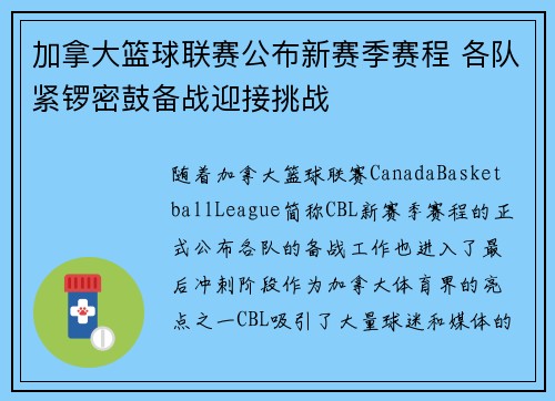 加拿大篮球联赛公布新赛季赛程 各队紧锣密鼓备战迎接挑战