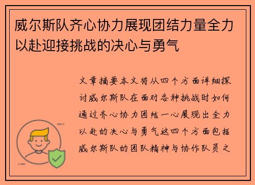 威尔斯队齐心协力展现团结力量全力以赴迎接挑战的决心与勇气