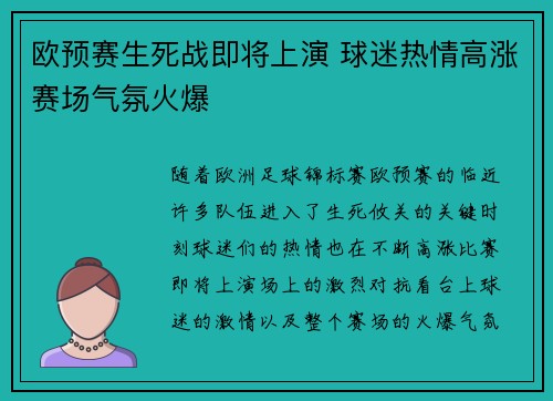 欧预赛生死战即将上演 球迷热情高涨赛场气氛火爆