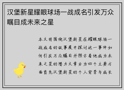 汉堡新星耀眼球场一战成名引发万众瞩目成未来之星