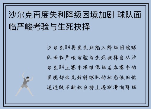 沙尔克再度失利降级困境加剧 球队面临严峻考验与生死抉择