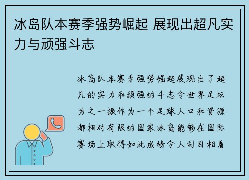 冰岛队本赛季强势崛起 展现出超凡实力与顽强斗志