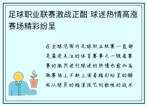 足球职业联赛激战正酣 球迷热情高涨赛场精彩纷呈