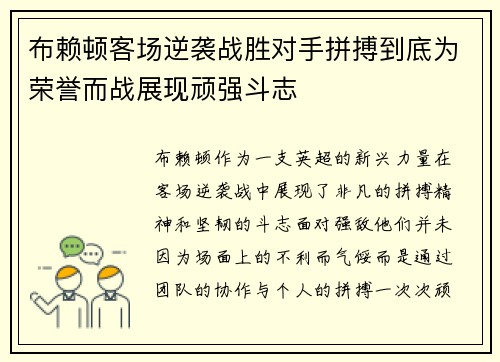 布赖顿客场逆袭战胜对手拼搏到底为荣誉而战展现顽强斗志