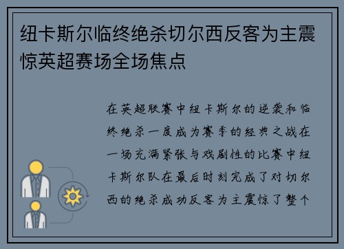 纽卡斯尔临终绝杀切尔西反客为主震惊英超赛场全场焦点