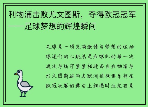 利物浦击败尤文图斯，夺得欧冠冠军——足球梦想的辉煌瞬间