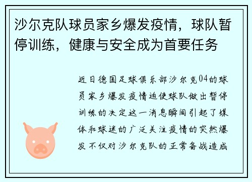 沙尔克队球员家乡爆发疫情，球队暂停训练，健康与安全成为首要任务