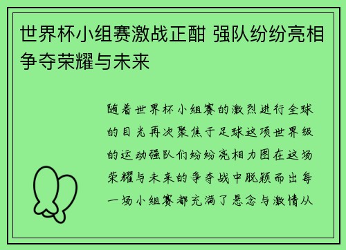 世界杯小组赛激战正酣 强队纷纷亮相争夺荣耀与未来